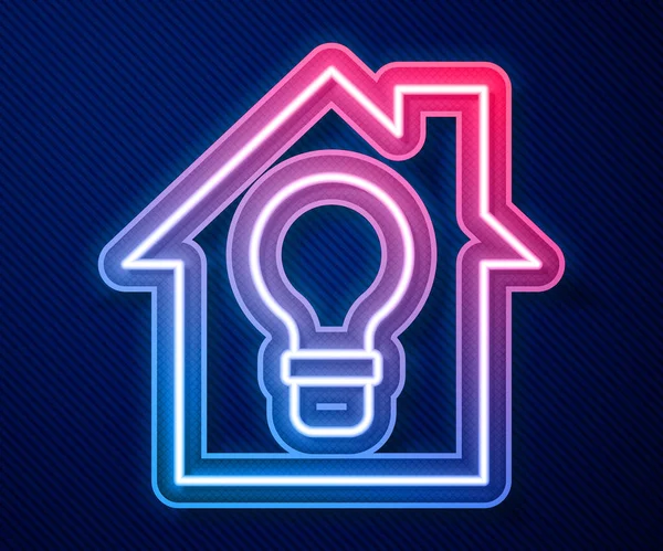 Linea Neon Luminosa Smart House Icona Lampadina Isolata Sfondo Blu — Vettoriale Stock