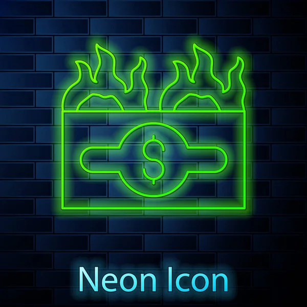 Glowing Neon Line Burning Dollar Bill Icon Isolated Brick Wall — Stock Vector