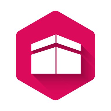 Beyaz Kabe cami simgesi uzun gölgeli. Kabe 'deki hac ibadeti Ramazan-ı İslam camii. Pembe altıgen düğmesi. Vektör