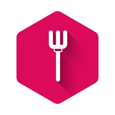 Beyaz Bahçe yabası ikonu uzun gölge arkaplanı ile izole edilmiş. Bahçe çatalı işareti. Bahçecilik, tarım, çiftçilik aleti. Pembe altıgen düğmesi. Vektör