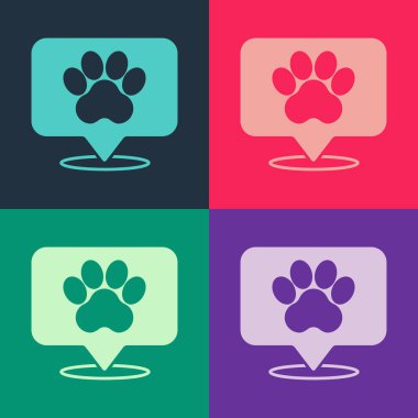 Veterinerlik hastanesi, klinik ya da hayvan ikonu için evcil hayvan dükkanı olan popüler sanat haritası işaretleyici. Renkli arka planda izole edilmiş. Veteriner kliniği. Vektör