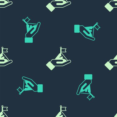 Üzerinde bayrak olan yeşil ve bej dağlar mavi arkaplanda izole edilmiş pürüzsüz desenler. Zaferin ya da başarının sembolü. Gol başarısı. Vektör