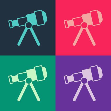 Pop Art Teleskop simgesi renk arkaplanında izole edildi. Bilimsel bir alet. Eğitim ve astronomi elementi, dürbün ve çalışma yıldızları. Vektör