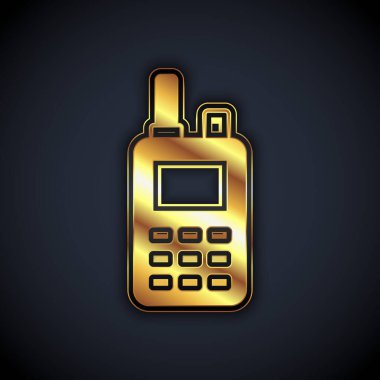 Siyah arkaplanda izole edilmiş altın telsiz ikonu. Taşınabilir radyo vericisi simgesi. Radyo alıcı-vericisi işareti. Vektör