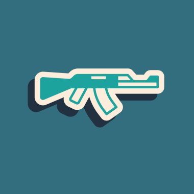 Yeşil arka planda yeşil makineli tüfek simgesi izole edildi. Kalaşnikov veya AK47. Uzun gölge tarzı. Vektör