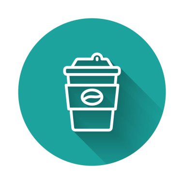 Beyaz çizgi kahve fincanı uzun gölgeli bir ikona dönüşecek. Yeşil daire düğmesi. Vektör