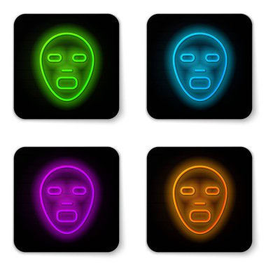 Parlayan neon çizgisi. Beyaz arkaplanda yüz maskesi simgesi izole edilmiş. Kozmetoloji, ilaç ve sağlık hizmetleri. Siyah kare düğme. Vektör