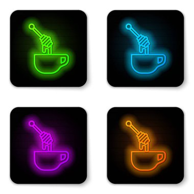 Beyaz arkaplanda bal damlayan bal ikonu olan parlak neon çizgisi. Tatlı kepçe. Siyah kare düğme. Vektör