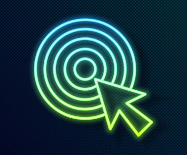 Parlayan neon hattı Hedef siyah arkaplanda izole edilmiş ok simgesi. Dart tahtası işareti. Okçuluk tahtası simgesi. Dartboard işareti. İş hedefi kavramı. Vektör