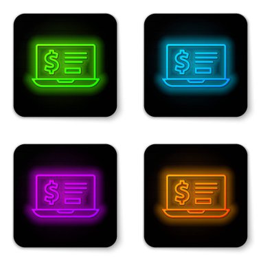 Beyaz arkaplanda dolar simgesi olan parlak neon hattı dizüstü bilgisayar. Dünyanın her yerine para göndermek, para transferi, online bankacılık, finansal işlemler. Siyah kare düğme. Vektör