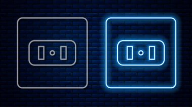 Parlayan neon hattı elektrik çıkış simgesi tuğla duvar arka planında izole edildi. Elektrik prizi. Rosette sembolü. Vektör