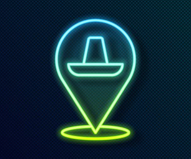 Parlayan neon hattı Geleneksel Meksika sombrero şapka ikonu siyah arka planda izole edildi. Vektör