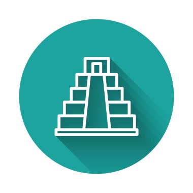Maya ikonundaki beyaz çizgi Chichen Itza uzun gölge arkaplan ile izole edilmiştir. Antik Maya piramidi. Meksika 'nın ünlü anıtı. Yeşil daire düğmesi. Vektör