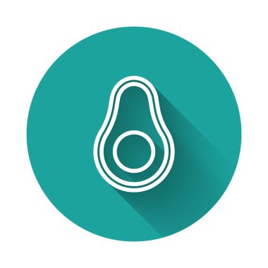 Beyaz çizgi Avokado meyve ikonu uzun gölge arkaplan izole. Yeşil daire düğmesi. Vektör