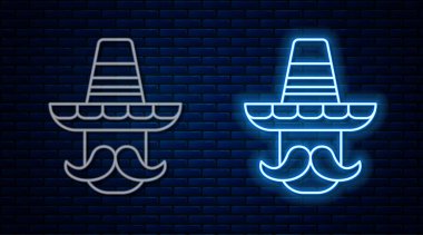 Parlayan neon hattı üzerinde sombrero simgesi olan Meksikalı adam tuğla duvar arkasında izole edilmiş. Bıyıklı İspanyol adam. Vektör
