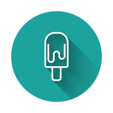 Beyaz çizgi dondurma ikonu uzun gölge arkaplan izole. Güzel sembol. Yeşil daire düğmesi. Vektör