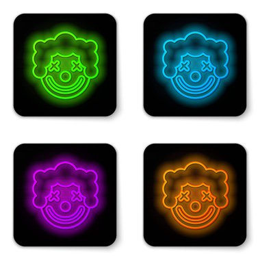 Parlayan neon hattı palyaço kafası simgesi beyaz arkaplanda izole edildi. Siyah kare düğme. Vektör