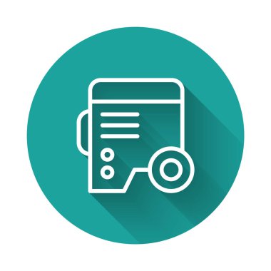 Beyaz çizgi taşınabilir elektrik jeneratörü ikonu uzun gölge arkaplanı ile izole edildi. Sanayi ve ev taşınmaz güç jeneratörü. Yeşil daire düğmesi. Vektör