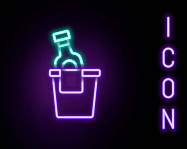 Gloeiende Neon Lijn Fles Champagne Een Ijsemmer Pictogram Geïsoleerd Zwarte — Stockvector