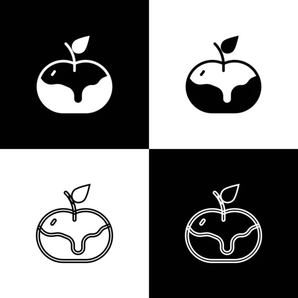 Set Apple Karamell Symbol Isoliert Auf Schwarz Weißem Hintergrund Vektor — Stockvektor