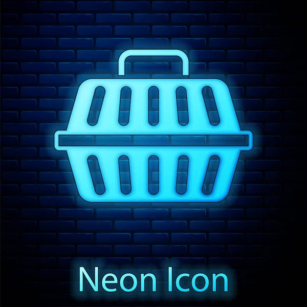 Glödande Neon Pet Bära Fall Ikon Isolerad Tegel Vägg Bakgrund — Stock vektor