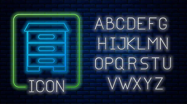 ミツバチのためのネオンハイブ輝くレンガの壁の背景に隔離されたアイコン 蜂の巣のシンボル 食前酒と養蜂 甘い自然食品 ネオンライトアルファベット ベクトル — ストックベクタ