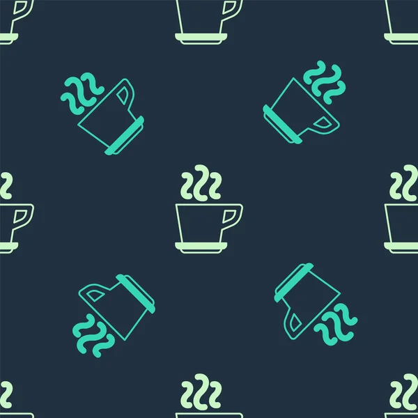 Zelená Béžová Ikona Šálek Kávy Izolované Bezešvé Vzor Modrém Pozadí — Stockový vektor