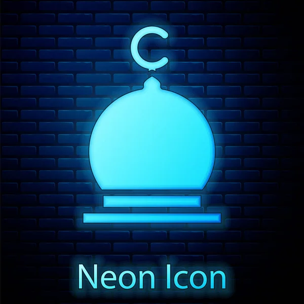 Glowing Neon Muslim Mosque Icon Isolated Brick Wall Background Vector — Stock Vector