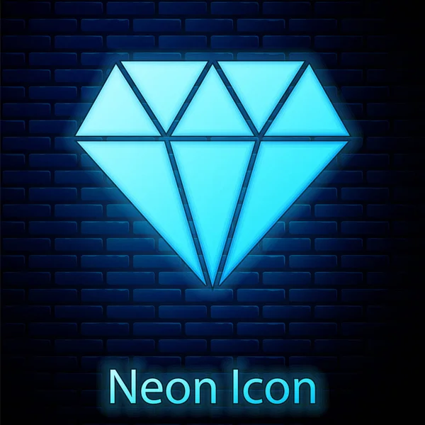 Светящийся Неоновый Значок Алмаз Выделен Фоне Кирпичной Стены Ювелирный Символ — стоковый вектор