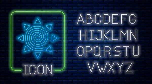 Leuchtende Neon Sonne Symbol Isoliert Auf Backsteinwand Hintergrund Sommer Symbol — Stockvektor