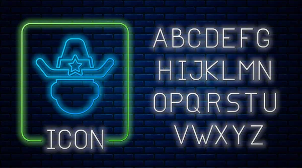 Gloeiende Neon Sheriff Cowboy Hoed Met Ster Badge Pictogram Geïsoleerd — Stockvector