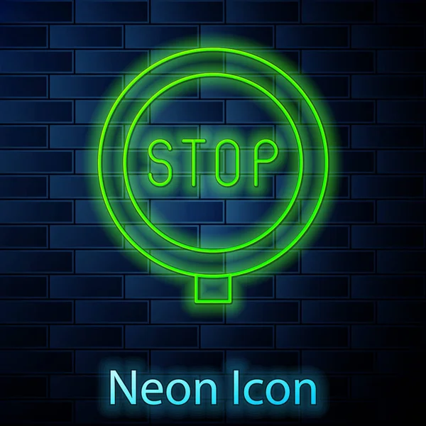 Glowing Neon Line Stop Sign Icon Isolated Brick Wall Background — Stock Vector