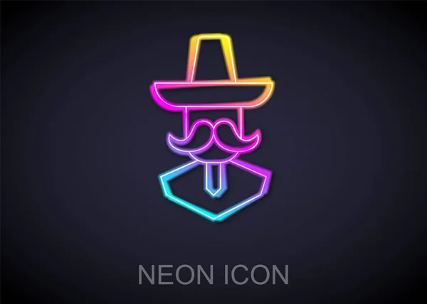 Brillante Línea Neón Hombre Mexicano Con Sombrero Icono Aislado Sobre — Vector de stock