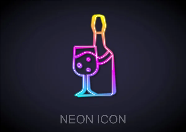 Glow Néon Ligne Bouteille Champagne Avec Icône Verre Isolé Sur — Image vectorielle