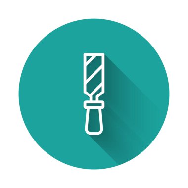 Beyaz çizgi Rasp metal dosya simgesi uzun gölge arkaplan izole. Ahşap ve metalle çalışmak için Rasp. Tezgah ve atölye için alet. Yeşil daire düğmesi. Vektör