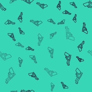 Siyah çizgi tabanca ya da silah ikonu yeşil arka planda izole edilmiş pürüzsüz desen. Polis ya da askeri silah. Küçük ateşli silah. Vektör