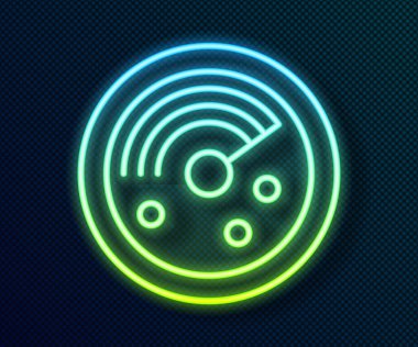 Siyah arkaplanda izole edilmiş bir simge arayışında hedefleri olan parlak neon hattı Radar. Arama sistemi. Donanma sonarı. Vektör