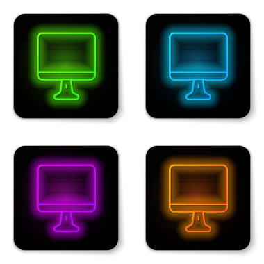 Parlayan neon hattı bilgisayar ekranı simgesi beyaz arkaplanda izole edildi. Elektronik cihaz. Ön manzara. Siyah kare düğme. Vektör