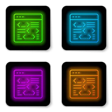 Parlayan neon hattı Yazılım, web geliştirici programlama kod simgesi beyaz arkaplanda izole edildi. Program kodunun rastgele bilgisayar betiği parçalarını Javascript et. Siyah kare düğme. Vektör
