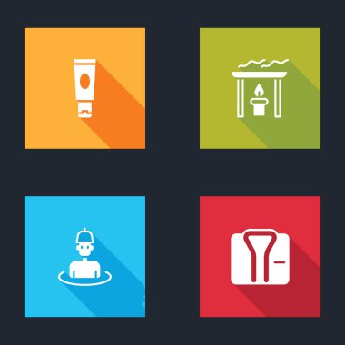 Krem ya da losyon kozmetik tüpü, Aroma mumu saunadaki adam ve bornoz ikonu. Vektör