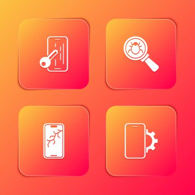 Cam ekran koruyucuyu, sistem hatasını, cep telefonunu bozuk ve telefon servis ikonuyla ayarla. Vektör