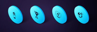 Isometric Planet 'i bayrak, roket gemisi, ödül kupası ve hedef ikonu ile ayarla. Vektör