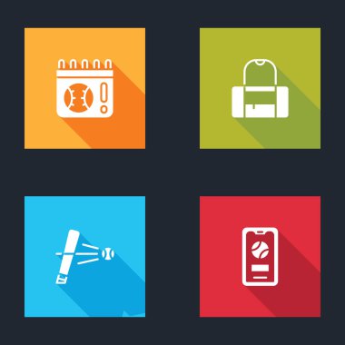 Takvimi beyzbol maçı, spor çantası, beysbol sopası ve mobil simgeyle ayarla. Vektör