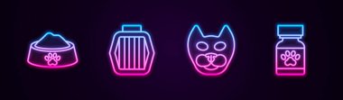 Evcil hayvan kasesi, çanta, kedi ve ilaç şişesi ve haplar. Parlayan neon ikonu. Vektör