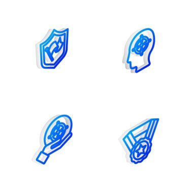 Isometric hat kafa avcılığı, bayraklı kalkan, hedef ve madalya ikonu ayarlayın. Vektör