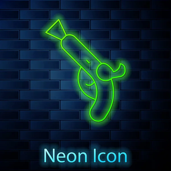 Leuchtende Neon Linie Vintage Pistolen Symbol Isoliert Auf Backsteinwand Hintergrund — Stockvektor