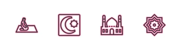 Установить Линию Мусульманин Молится Мечеть Звезда Полумесяц Восьмиугольная Звезда Икона — стоковый вектор