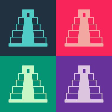 Maya ikonundaki pop sanatı Chichen Itza renk arkaplanda izole edilmiş. Antik Maya piramidi. Meksika 'nın ünlü anıtı. Vektör