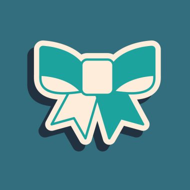 Yeşil hediye yay simgesi yeşil arkaplanda izole edildi. Uzun gölge tarzı. Vektör