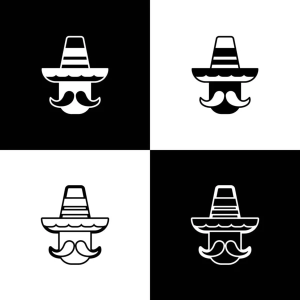 Állítsa Mexikói Férfi Visel Sombrero Ikon Elszigetelt Fekete Fehér Alapon — Stock Vector